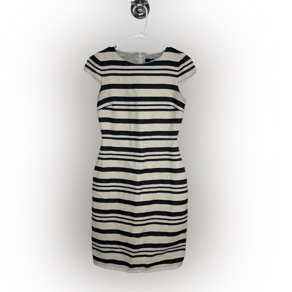 J. CREW Women’s Cotton Black Cream Striped Sheath Knee Length Dress Cap Sleeve